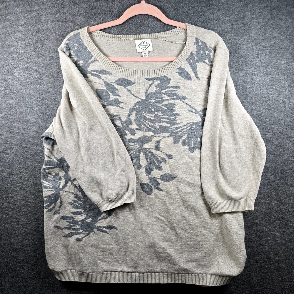 St John Bays Sweater Women‎ 2X Plus Size Gray Floral Flowers 3/4 Sleeves Cotton